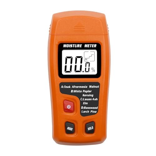 DRAUXI Medidor Digital de Humedad Madera, 4 Modos medición, Pantalla LCD retroiluminada, Detector Fugas husillo LCD y alertas(Oranje)