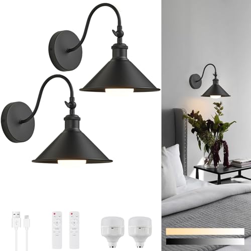 Image of Wireless Battery Operated Wall Sconce, Black Industrial Wall Lights Decor Set of 2, Vintage Rechargeable Magnetic Cordless Wall Lamp Fixture with Remote for Farmhouse Bedroom Living Room
