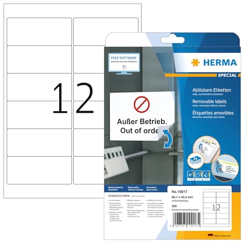 HERMA Self Adhesive Removable Labels, 12 Labels per A4 Sheet, 25 Sheets, 99.1 x 42.3 mm, 300 Labels, Blank Multipurpose Labels Stickers, Sticky Labels for Laser & Inkjet Printer, White