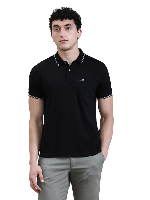Image of CROCODILE Men Solid Slim Fit Polo T-Shirt | Regular Length | Short Sleeve | Button Placket | Casual Knitted Topwear