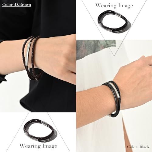[ナル] ブレスレット メンズ レザー 革 レディース つけっぱなし ペア おそろい 大人 カップル 人気 ブランド 本革 牛革 編み込み 編込み 3連 三連 重ね付け おしゃれ かわいい シンプル ステンレス プレート アクセサリー (ブラック)