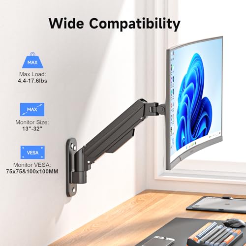 Suptek Single Monitor Wall Mount,Full Motion Adjustable Gas Spring Wall Monitor Arm Mount for 1 Screen up to 32 inch,17.6 lbs,VESA 75x75/100x100mm