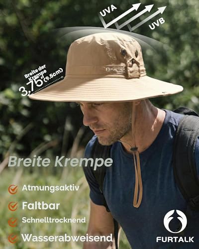 FURTALK Sonnenhut Herren Anglerhut UPF 80 breiter Rand Faltbarer Outdoor Wander und Strandhut Khaki