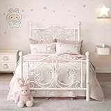 LoVinson Twin Size Bed Frame，Metal Platform Bed Frame with Headboard, Butterfly Pattern Design Headboard & Footboard, Strong Metal Slat Support, Noise Free, No Box Spring Needed, Easy Assemble, White