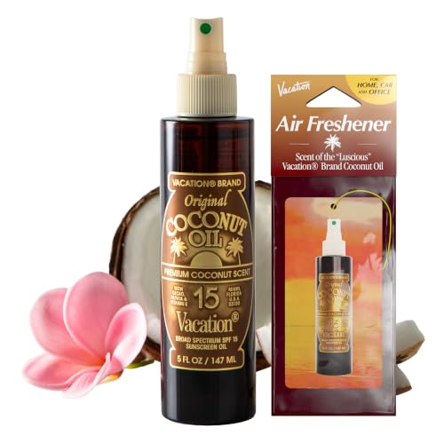 Vacation Coconut Oil SPF 15 Sunscreen Oil Spray and Air Freshener Bundle 5 Fluid Ounces - Hydrating Body Sunscreen Lightweight Reef Safe Transparent on All Skin Tones Non-Greasy