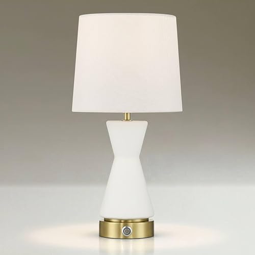 Possini Euro Design Rommy Modern Small Accent Table Lamp 16" High Cordless Rechargeable Battery Operated 5200mAh White Glass Brass White Fabric Tapered Drum Shade Decor for Living Room Bedroom