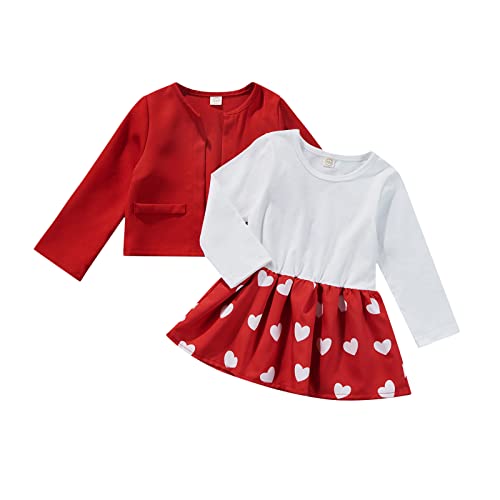 Baby Valentines Day Outfit Girl Heart Print Ruffle Mini Skirt+Coat Toddler Girls Valentines Day Dress Set (Red,4-5T)