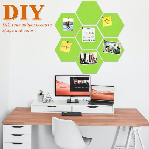HULAVO Large Hexagon Felt Cork Board Tiles, Self Adhesive DIY Felt Bulletin Board Pin Board with 35 Pushpins for Office School Home Wall Decor Stickers Memos Photos Display(Bright Green) — view 3