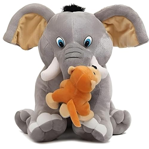 Image of Elephant with Monkey 30cm | Ultra Soft Plush Stuffed Toy | Cute Hugging Pillow | Gift for Kids Boys Girls