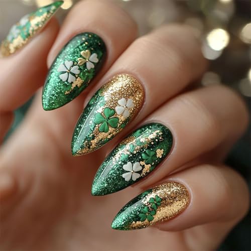 St. Patrick's Day Press on Nails Medium Almond Fake Nails Glitter Green Gold Full Cover Cute False Nails Lucky Shamrock Glue on Nails Irish Four Leaf Clover Acrylic Stick on Nails for Women 24Pcs