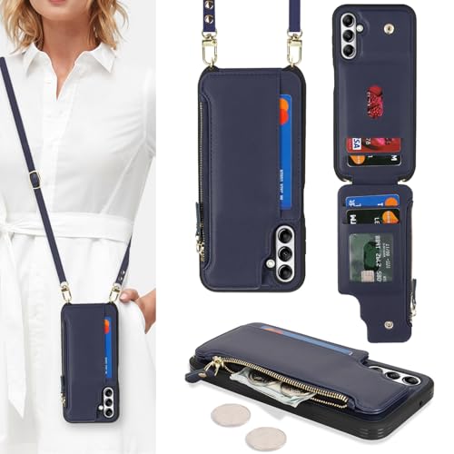 Étui portefeuille pour Samsung Galaxy A14 5G bleu avec fermeture éclair femme