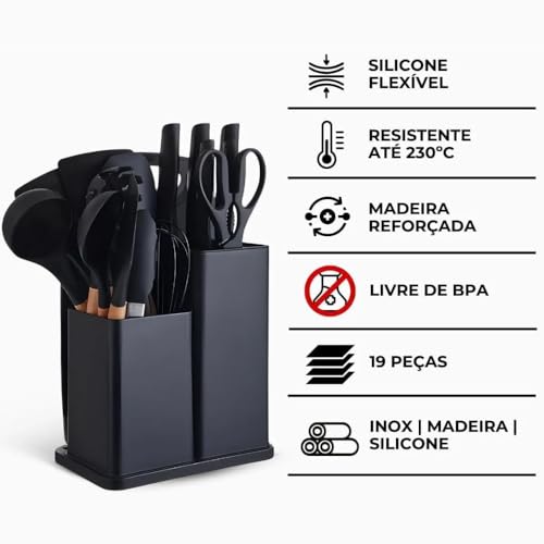 Conjunto Utensílios para Cozinha Silicone, Kit com 19 Peças, Espatulas e Facas, Organização para Coz