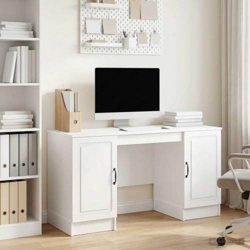 LoogCape Bureau blanc brillant 142,5 x 50 x 75 cm en bois avec 4 étagères et 4 portes pivotantes, pour travail informatique et bureau à domicile