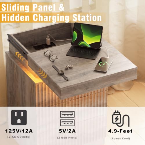 Image of Nightstand Bedside Table with Charging Station & LED Lights, Grey | RGB Lights, Hidden Sliding Top, 2 AC Outlets & 2 USB Ports, 3-Drawer Storage, Modern Fluted End Table for Bedroom