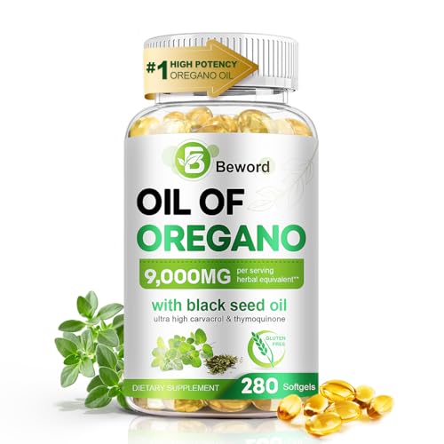 BEWORD Oil of Oregano with Black Seed Oil 280 Softgels 9000mg Per Serving 2-in-1 Oregano Supplement for Immune Health with High Carvacrol & Thymoquinone | Plant-Based Non-GMO