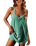 Lentta Womens Athletic Sleeveless Mini Dress with Built-in Shorts V Neck Spaghetti Strap Sundress(Green-S)