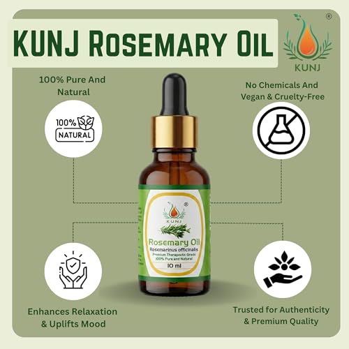 Image of KUNJ Rosemary Essential Oil (Salvia rosmarinus) 10ML - 100% Pure & Natural, Undiluted, Steam Distilled - Aromatherapy Oil for Hair Care, Scalp Massage, Diffuser, Focus & Mental Clarity