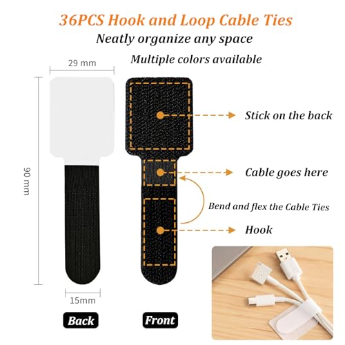 36PCS Cable Organizer Hook and Loop Cable Ties, Self Adhesive Hook and Loop Cable Straps Sticky-Back Cable Management Cord Organizer Cable Clip for Household & Office Essentials (Black*36) by YANGKALA - Used condition - Image 2