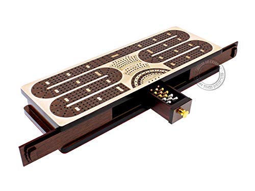 House of Cribbage - Continuous Cribbage Board/Box Inlaid in Maple/Wenge Wood : 4 Track - Sliding Lids and Drawer with Score Marking Fields for Skunks, Corners and Won Games