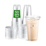 APSIC Clear Plastic Cups with Flat Lids, 50 Sets 24oz (100-Piece) Disposable PET Crystal Party Cups, Ideal for Iced Coffee, Smoothie, Milkshake, Juice, Dessert, To-Go Drinks and Cold Beverages