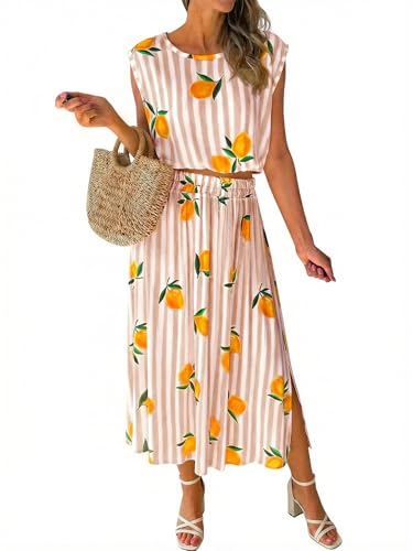 Tankaneo Women's Striped 2 Piece Skirt Sets Summer Lemon Print Outfits