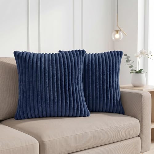 Image of Yellow Weaves Pencil-Stripe Fur Cushion Covers | Soft Polyester | Decorative Sofa & Throw Pillow Covers | 16x16 Inches, Pack of 2 (Blue)