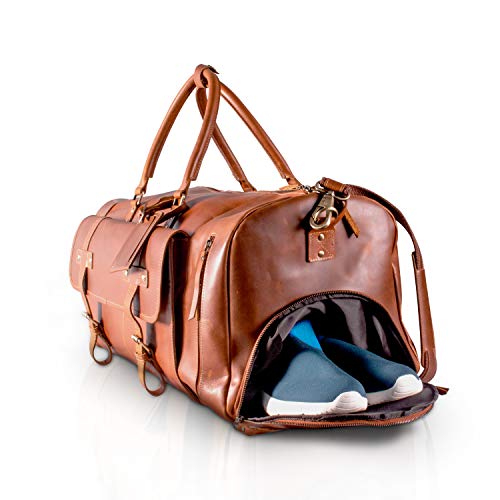 KomalC 24 Inch Leather Duffel Bags for Men and Women Full Grain Leather Travel Overnight Weekend Leather Bags Sports Gym Duffel for Men (Tan with Shoe pocket)