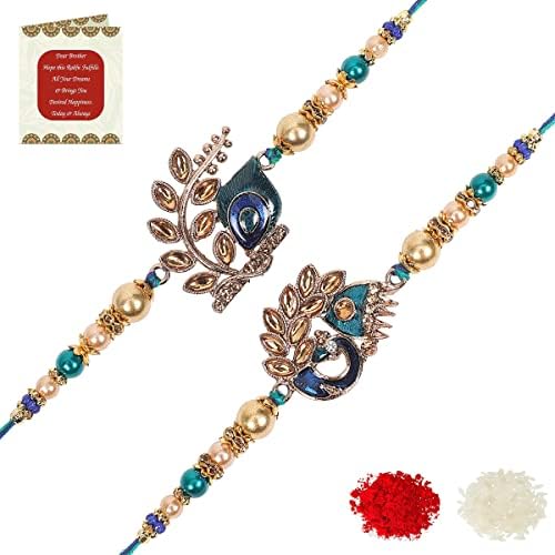 Riddhika Ventures Stylish Blue Peacock Feather and Royal Blue Peacock Kundan Rakhi with Roli Chawal and Greeting Card (K2K3)