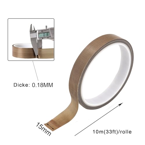 Misuyue Teflonband Klebeband, Hitzebeständiges Klebeband 15mm x 10M, 0,18mm Dicke PTFE Glasgewebeband für Vakuumiermaschine Impulsversiegeler, Hitzebeständiges bis 300℃ (Braun)