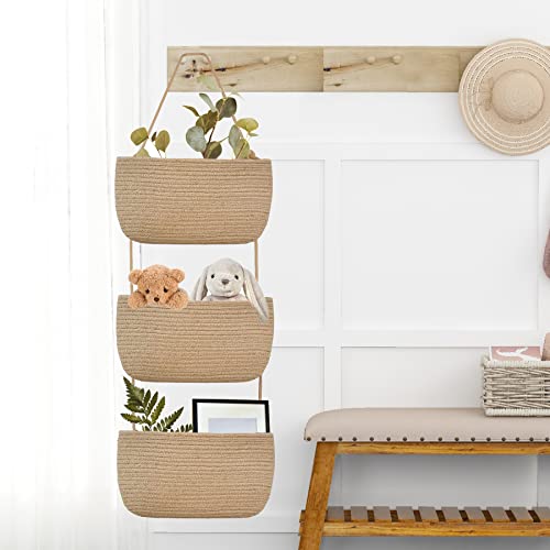 Aiviin Over The Door Hanging Baskets, 3-Tier Wall Hanging Storage Basket, Woven Cotton Rope Hanging Organizer, Decorative Hanging Shelf Basket For Living Room, Bathroom,Bedroom And Kitchen (Jute) #TOP4