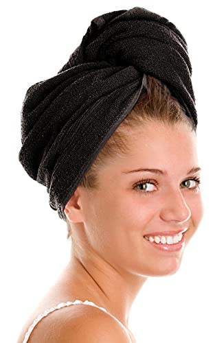 Adore Home Hair Turban Towel 100% Cotton Absorbent Soft Wrap With Loop & Button, Black