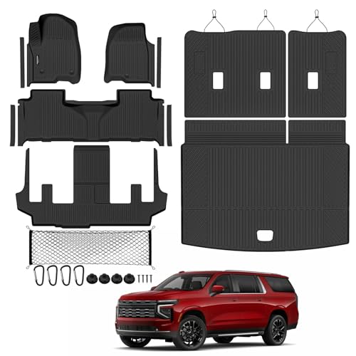 Tongama-Floor Mats for 2025 2026 Chevy Suburban/GMC Yukon XL 7 Seats with Bucket Seat All Weather TPE Trunk Mat & 3rd Row Backrest Mats & Cargo Net & Door Sill Guards for Suburban Accessories
