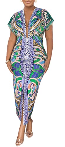 Image of Womens Sexy Cap Sleeeve Deep V Neck Ruffles Printed Bodycon Split Party Clubwear Dress