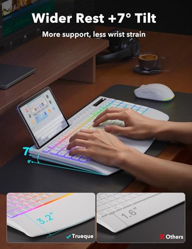 Image of Trueque Wireless Keyboard and Mouse Combo, 4000mAh Rechargeable Backlit Keyboard with Wrist Rest & Phone Holder, Full Size Quiet Typing 2.4G USB-A /Type-C for PC Laptop Windows Mac (White)