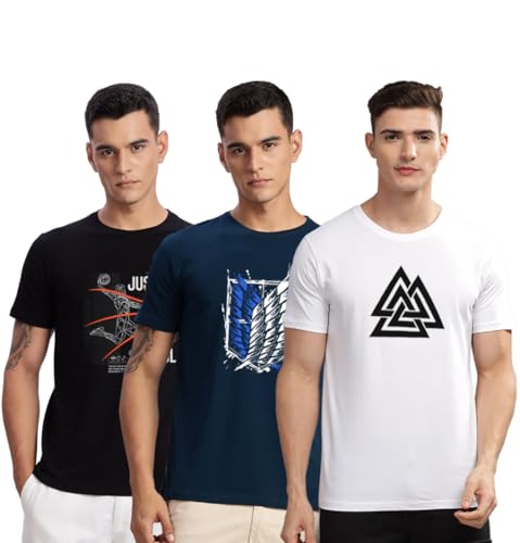 Image of ADRO 100% Cotton Lycra Tshirts for Men Combo Pack of 3 | Regular Fit | Printed T Shirt | Round Neck Half Sleeve| Mens Tshirts