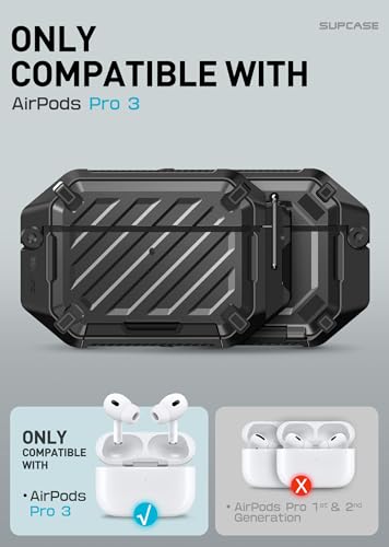 Image of SUPCASE for AirPods Pro 3 Case with Lock & Carabiner, IP68 Waterproof, Compatible with MagSafe, Military-Grade Protection Anti-Scratch Hard Shell Cover for AirPods Pro 3rd Generation 2025, Black