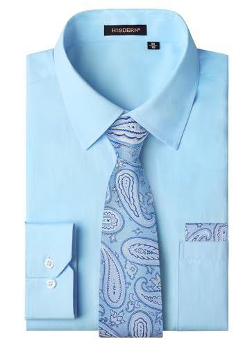 Image of HISDERN Mens Dress Shirt with Tie Pocket Square Set Classic Button Down Shirt Matching Tie Long Sleeve Shirts