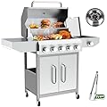 BESTFIRE 68,000 BTU 5+1 Burner Propane Grill - Stainless Steel BBQ with 647 sq in UPGRADED OIL-DRAIN Plates, Cast Iron Grates, Side Burner + FREE Food Clip for Outdoor Cooking