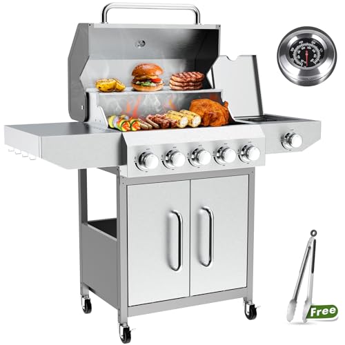 BESTFIRE 68,000 BTU 5+1 Burner Propane Grill - Stainless Steel BBQ with 647 sq in UPGRADED OIL-DRAIN Plates, Cast Iron Grates, Side Burner + FREE Food Clip for Outdoor Cooking