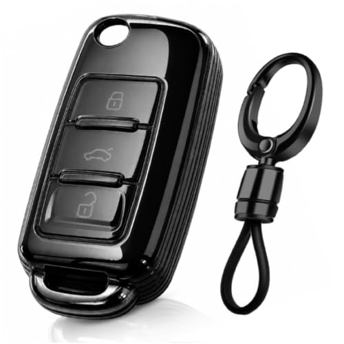 Image of JVCV Soft TPU Transparent Black Key Cover Compatible with Volkswagen Polo Vento Ameo Jetta Passat & Skoda Rapid Laura Superb Octavia Fabia Yeti Folding Key | Slim Fit Case (with Keychain - Style A)