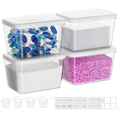 Vtopmart 4 Pack Laundry Pods Container and Dryer Sheet Holder Detergent Powder Container with Lids &Labels & Scoop for Laundry Room Organization Laundry Storage for Powder Pods Scent Booster Beads