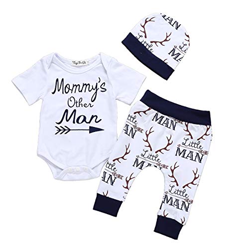 Newborn Baby Boys Clothes Mommy's Other Man Romper Bodysuit+Little Man Deer Pants Hats Outfit Set (0-6 Months, Mommy Other Man)