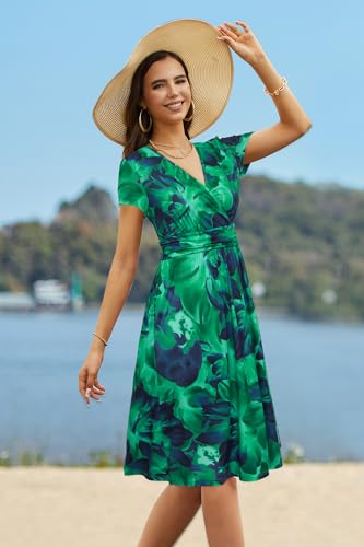 Image of Newshows Women's Pockets Wrap V Neck Floral Summer Vacation Casual Sundress | Wrinkle Free, Stretchy, Summer Beach Floral Sundress 2026, Casual Dress for Vacation, Guaduation, Side Pockets, A-line