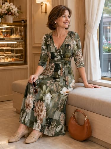 Image of SUZONANA Plus Size Dresses for Women Floral Print Maxi Dress Flowy 3 /4 Sleeve with Belt