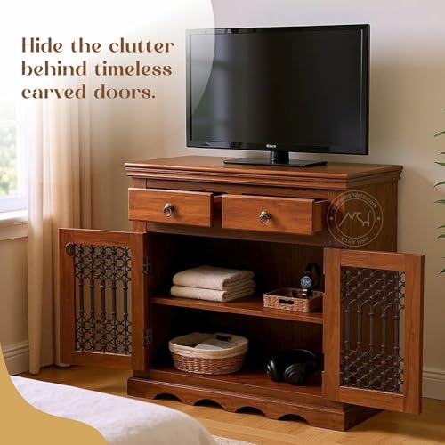 Image of NSH Solid Sheesham Wood Sideboard Storage Cabinet Unit with 2 Door and 2 Drawer Wooden Standard Multipurpose Furniture for Home Living Room Hall Office - (Teak Finish)
