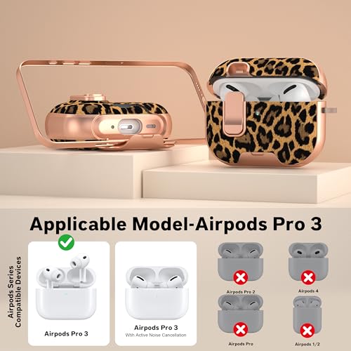 Image of for Apple AirPods Pro 3 Case 2025 with Safety Lock & Foldable Phone Stand | Double Drop Protection,Two-Piece Design, Airpod Pro 3 Case with Keychain & Cleaner Kit, Support Wireless Charging, Leopard