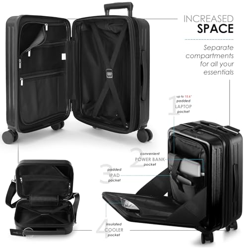 Image of 20 Inch Carry On Luggage 22x14x9 Airline Approved, Carry On Suitcase with Wheels, Hard-shell Carry-on Luggage, Durable Luggage Carry-On, Jet Black Small Suitcase with Cosmetic Case