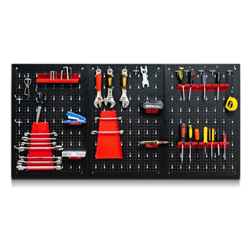 SOARS Pegboard Metal 120 x 60cm, 3 Panel Herramienta de Pared, Organizador de Herramienta para Taller y Garaje (28 Accesorios)