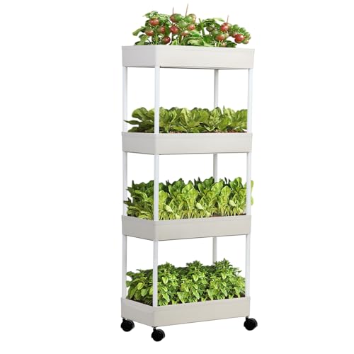 RFEGJVII - Soporte para plantas con ruedas, 4 niveles, estanterías en maceta, estante rodante interior y exterior, plástico exterior, terraza, jardín, balcón, dormitorio, sala de estar,