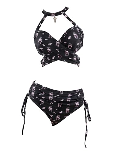 MEOWCOS Women Bikini Set Gothic Swimsuit Unique Coffin-Themed Print Bathing Suit